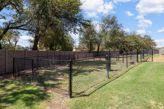 Spacious outdoor area with lush green grass, surrounded by a secure chain-link fence, perfect for pets and leisure activities under a clear blue sky.