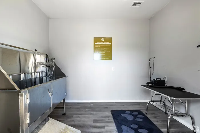Modern pet grooming station with stainless steel wash basin and grooming table on elegant wood flooring.