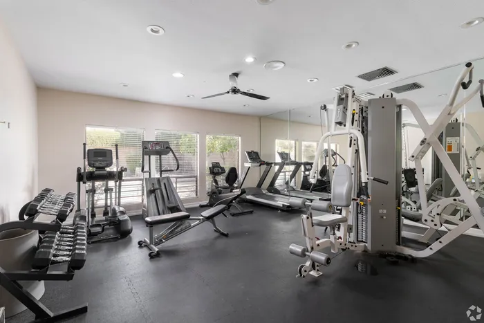 Modern fitness center featuring state-of-the-art equipment, including treadmills and weight machines, with natural light streaming through large windows.