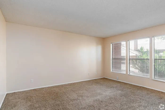 Bright, spacious room with plush carpet and large windows offering ample natural light and a serene view, perfect for a cozy living space.
