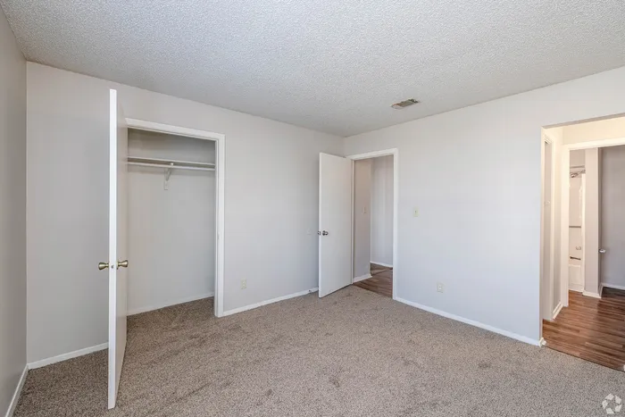 Bright, spacious bedroom with soft carpet, ample closet space, and soothing neutral tones.