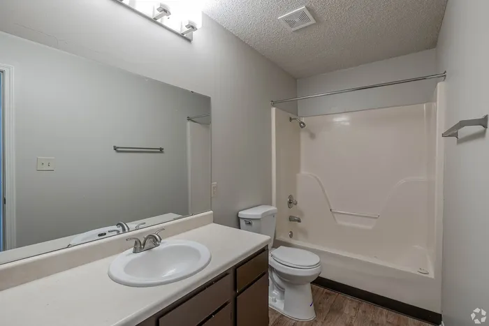 Modern bathroom design featuring a sleek countertop with sink, spacious mirror, and elegant bathtub.