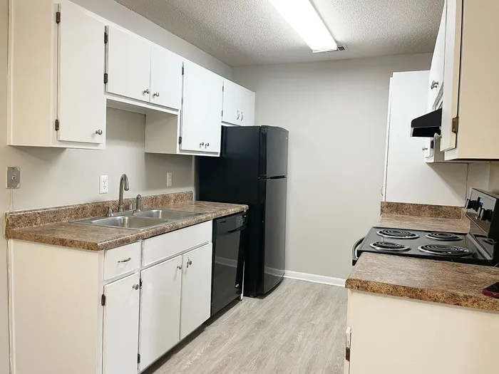 Modern kitchen design with sleek black appliances, elegant white cabinets, and stylish countertops, offering a bright and inviting cooking space.