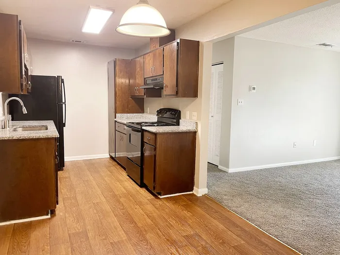 Modern kitchen with sleek wooden cabinets, granite countertops, and stainless steel appliances, leading to a cozy carpeted living area.