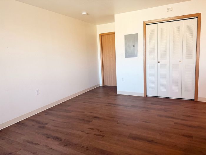 Bright and inviting room with elegant wooden flooring, a double-door closet, and modern white trim accents.