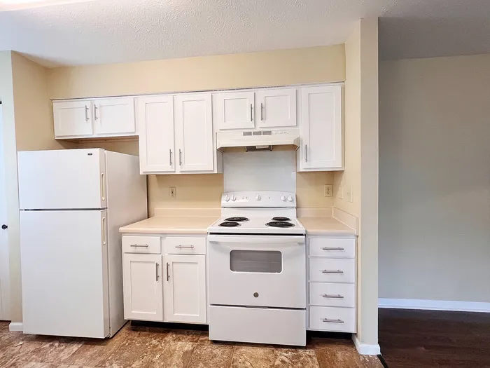 Bright and modern kitchen with sleek white cabinetry, spacious countertops, and large refrigerator, perfect for culinary enthusiasts.
