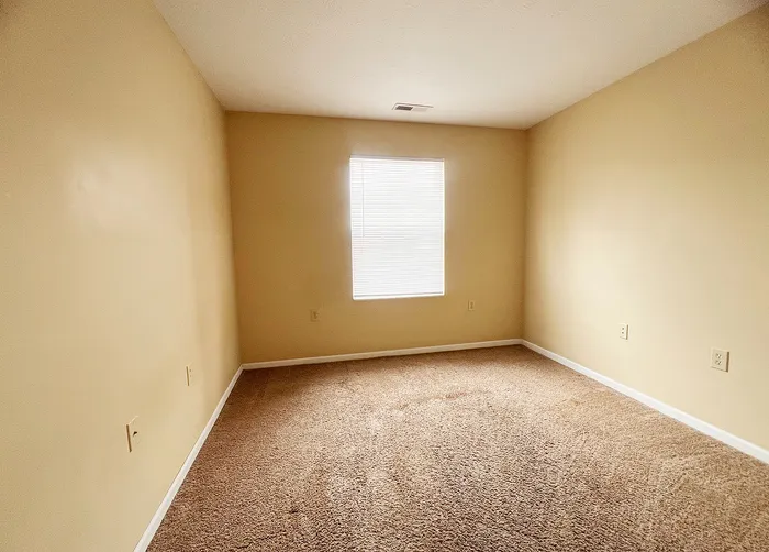 Bright and inviting bedroom with plush carpeting and neutral-toned walls, featuring a large window that floods the room with natural light.