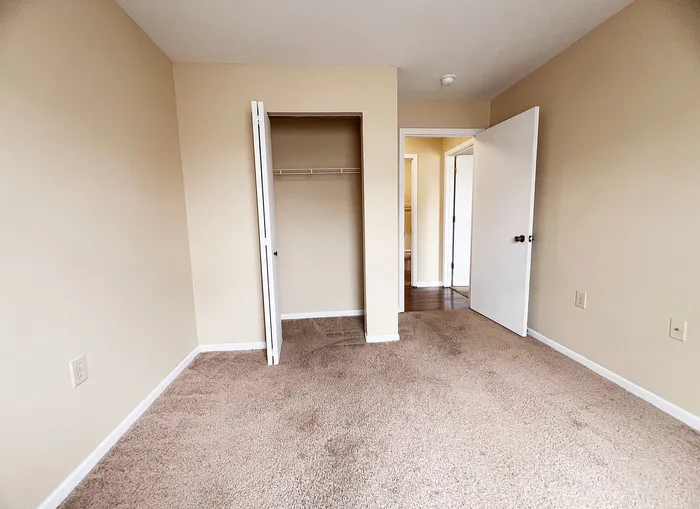 Bright and spacious bedroom with soft carpeting and ample closet space, perfect for cozy living.