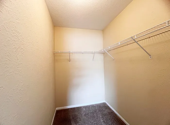 Spacious walk-in closet with textured walls and carpet, featuring double-tiered wire shelving for ample storage.