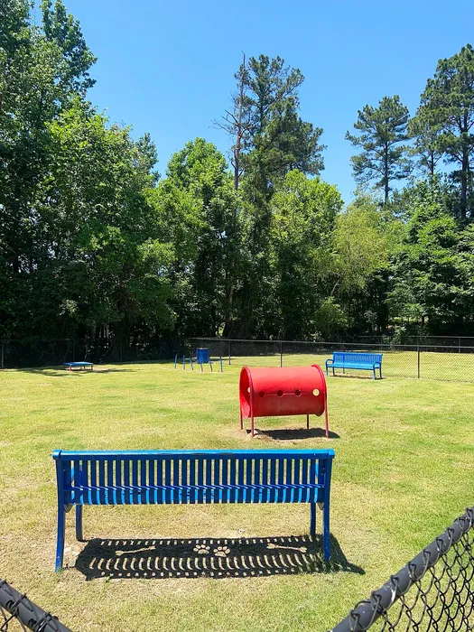 Vibrant outdoor dog park with blue benches, agility equipment, and lush green surroundings perfect for pet-friendly living.