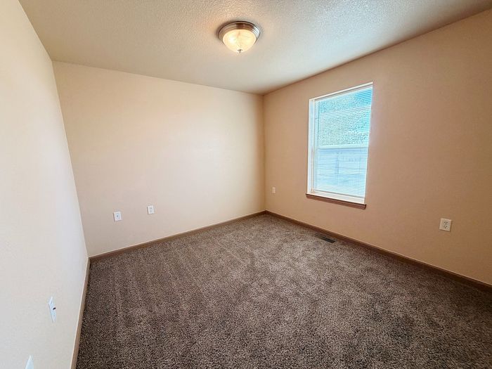 Cozy bedroom featuring plush carpeting, soft neutral walls, and a sunlit window.