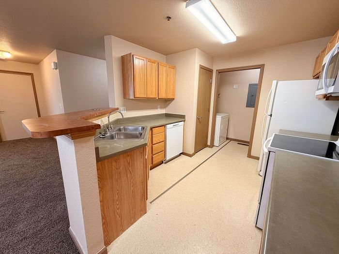 Inviting kitchen with modern appliances, warm wood cabinetry, and an open layout flowing into a cozy living area.