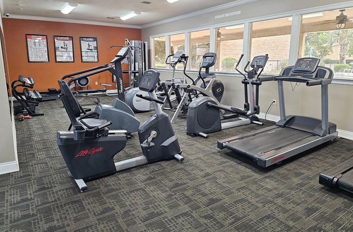 Modern fitness center featuring state-of-the-art exercise equipment, including treadmills, stationary bikes, and weight machines, with large windows for natural light.