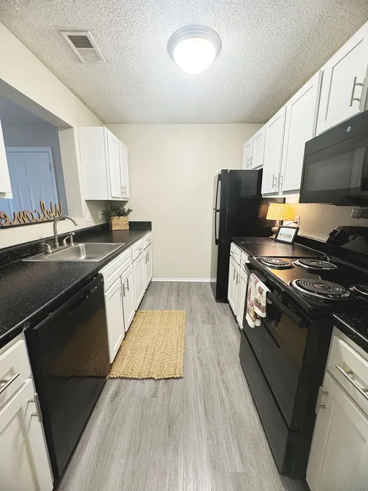 Modern kitchen with sleek black appliances, bright white cabinetry, and stylish wood flooring, offering a sophisticated cooking space.