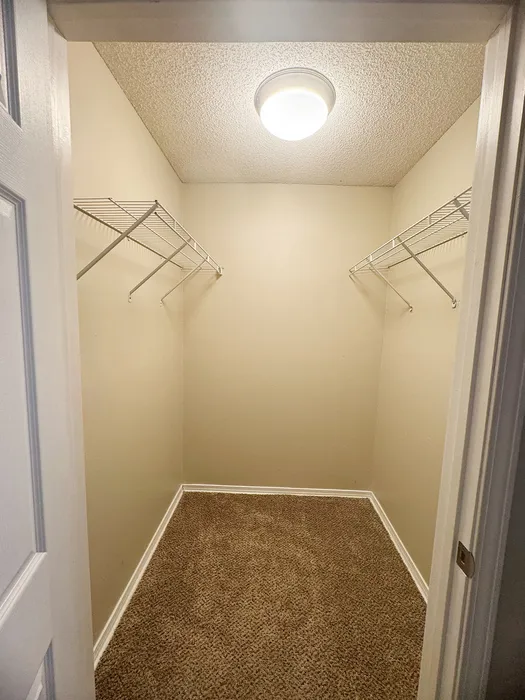 Spacious walk-in closet with ample shelving and soft carpet flooring, perfect for organizing and storage.