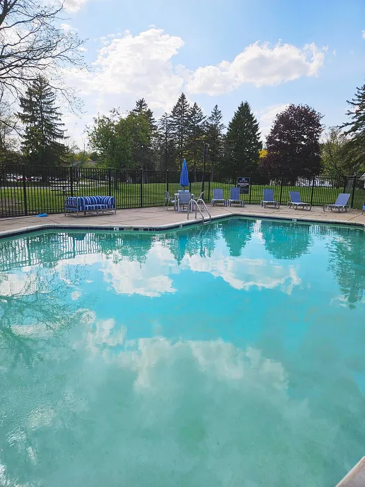 Inviting outdoor pool area featuring crystal clear water, surrounded by comfortable lounge chairs, nestled amidst lush greenery and tall trees under a sunny sky.