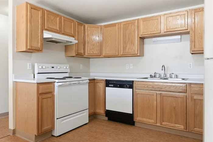 Modern kitchen with elegant wooden cabinetry, sleek countertops, and essential appliances.