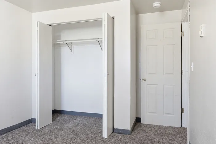 Bright bedroom with a spacious closet, featuring modern white doors and plush carpet flooring.