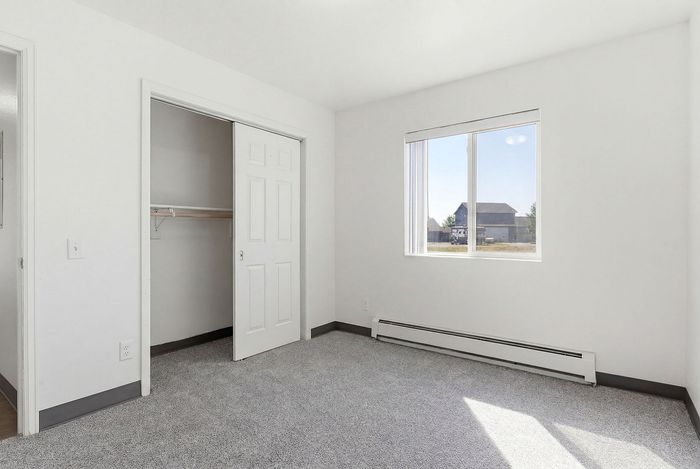 Bright, sunlit room featuring a large window, plush carpet, and an open closet with sliding doors.