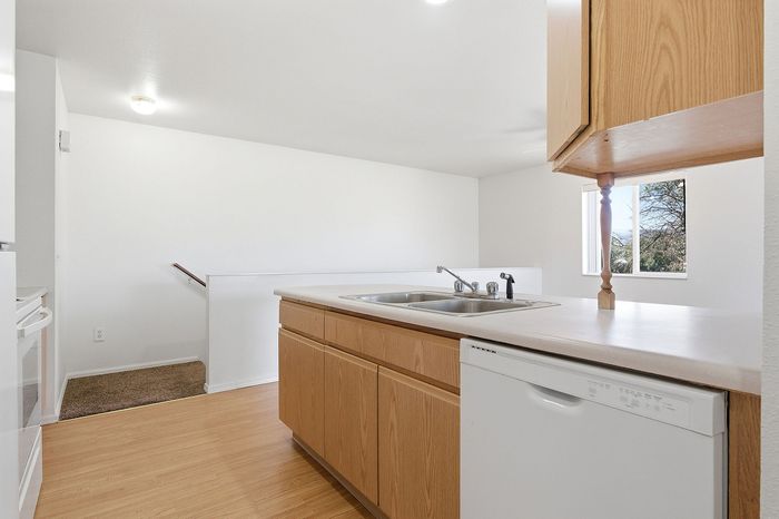 Bright kitchen with modern amenities including a double sink, dishwasher, and elegant wooden cabinetry, offering scenic views from the window.