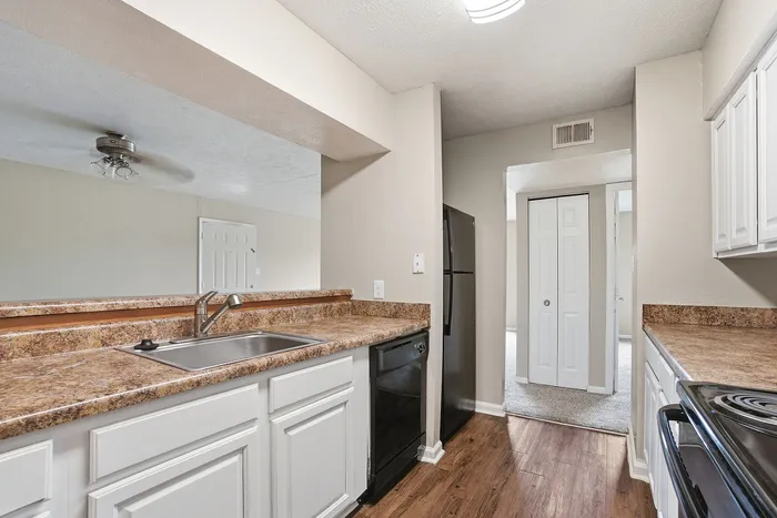 Modern kitchen with sleek countertops, stainless steel sink, and elegant cabinetry, complemented by hardwood floors and ample natural light.