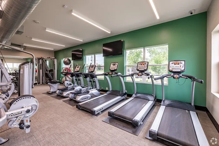 Modern fitness center with state-of-the-art equipment including treadmills and weight machines, set against a vibrant green wall and bright windows.
