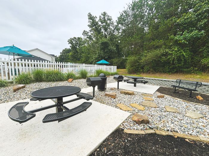 Charming outdoor area with picnic tables, BBQ grill, and lush greenery, perfect for gatherings.