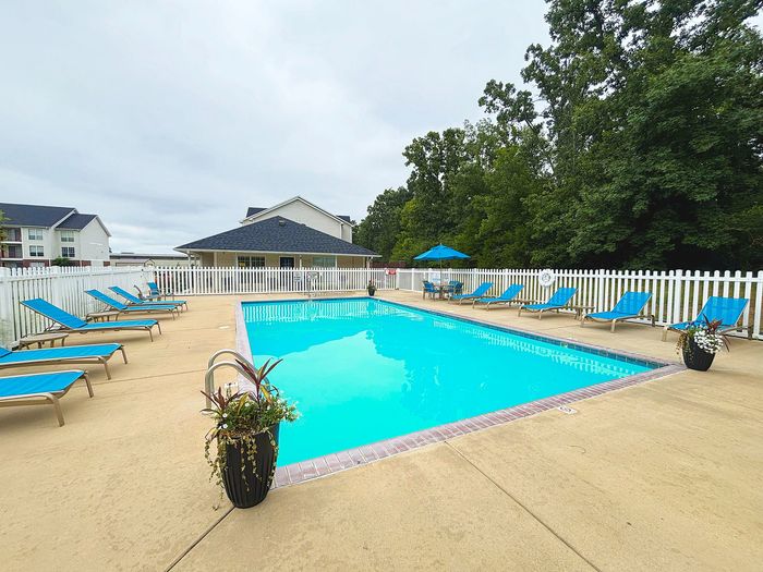 Inviting outdoor swimming pool surrounded by stylish blue loungers and vibrant greenery, perfect for relaxation.