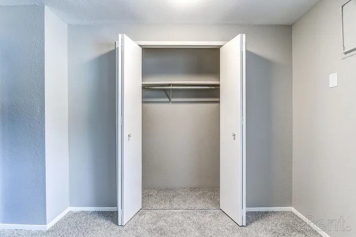 Inviting closet space with modern white doors and plush carpet flooring, perfect for organizing your wardrobe.