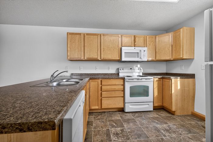 Modern kitchen with sleek granite countertops, elegant wood cabinetry, and stainless steel appliances.