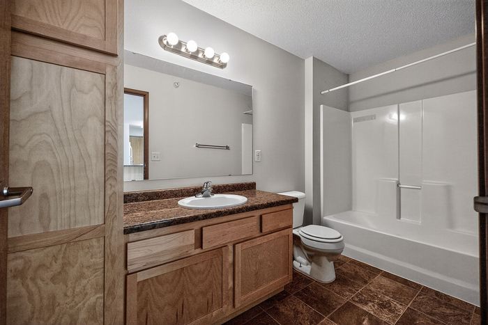 Modern bathroom with elegant wood cabinetry, granite countertop, and bright vanity lighting. Features a sleek bathtub and textured brown tile flooring.