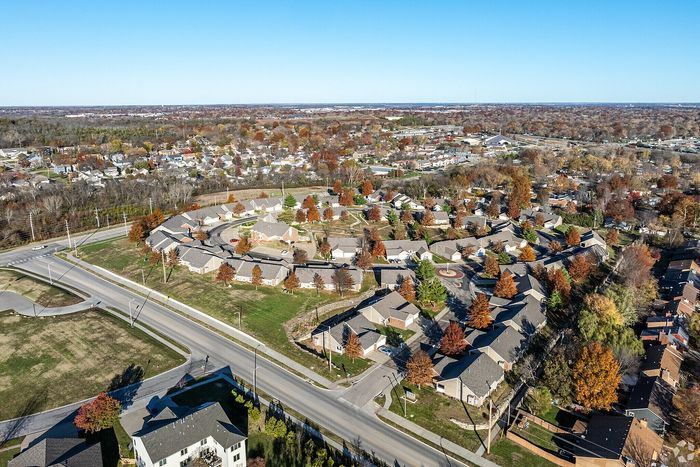 Breathtaking aerial view of a vibrant suburban neighborhood with beautifully arranged homes, lush greenery, and colorful autumn trees.