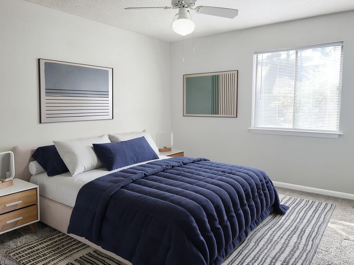 Bright and cozy bedroom featuring a stylish bed with navy bedding, modern artwork, and ample natural light through a large window.