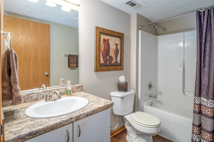 Elegant bathroom featuring a marble countertop, modern fixtures, and a stylish shower curtain set against warm, neutral tones.