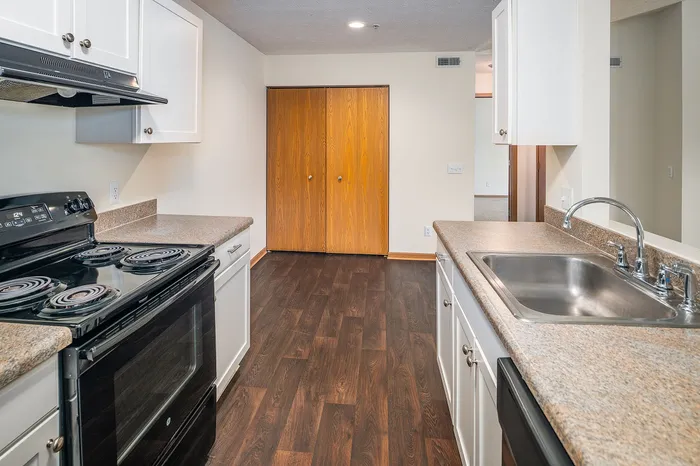 Modern kitchen with sleek countertops, dark wood flooring, and ample cabinetry for stylish living.