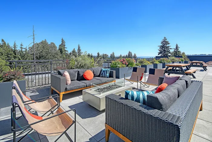 Vibrant rooftop terrace featuring modern outdoor seating, lush greenery, and panoramic forest views.