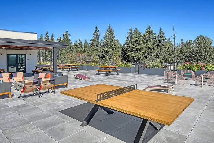Chic rooftop terrace with ping pong table, seating area, and lush greenery surrounded by a serene forest view.