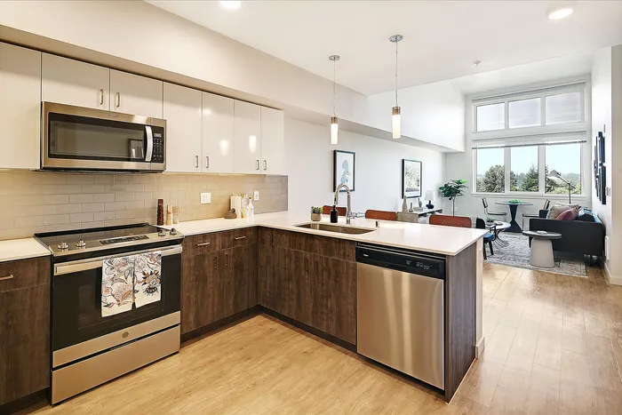 Modern kitchen with stainless steel appliances and an inviting, open-concept living area featuring large windows and stylish decor.