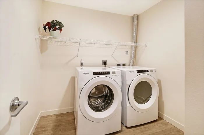 Modern laundry room with sleek washer and dryer set, complemented by a stylish potted plant on a spacious shelving unit.