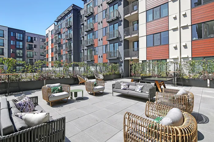 Contemporary outdoor patio with stylish wicker seating, lush greenery, and modern apartment building backdrop.