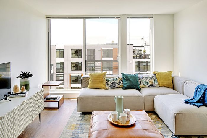 Bright and inviting living room with a large window view, modern furniture, and vibrant decorative pillows.