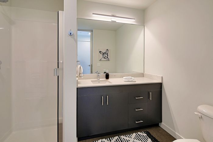 Elegant bathroom with modern dark vanity, large mirror, and sleek fixtures creating a luxurious atmosphere.