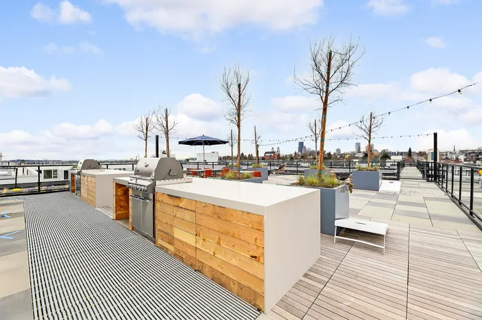 Expansive rooftop terrace with modern BBQ grills, lush planters, and skyline views, perfect for entertaining.