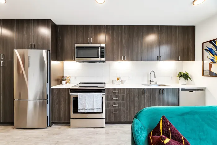 Sleek modern kitchen with dark wood cabinets, stainless steel appliances, and stylish decor.