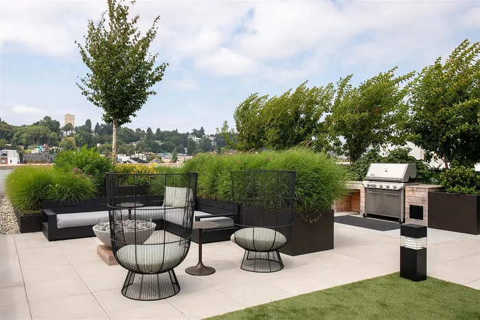 Chic rooftop patio with stylish seating, lush greenery, and a modern grill for outdoor entertaining.
