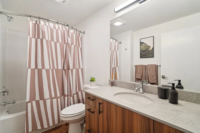 Contemporary bathroom with stylish striped shower curtain, sleek vanity, and modern fixtures, perfect for a chic apartment lifestyle.