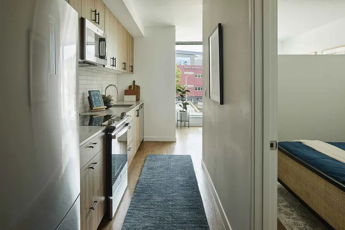 Contemporary apartment kitchen with sleek appliances and wooden cabinetry leads to a bright bedroom with modern furnishings.