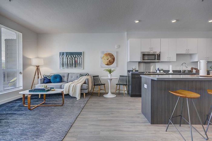 Modern open-plan living area with elegant decor, featuring a cozy gray sofa, vibrant blue accents, sophisticated artwork, and a spacious kitchen with sleek cabinetry.