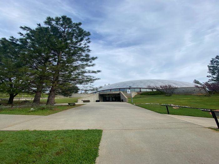 Inviting entrance to a modern dome-shaped building surrounded by lush greenery and tall pine trees under a vast, cloudy sky.