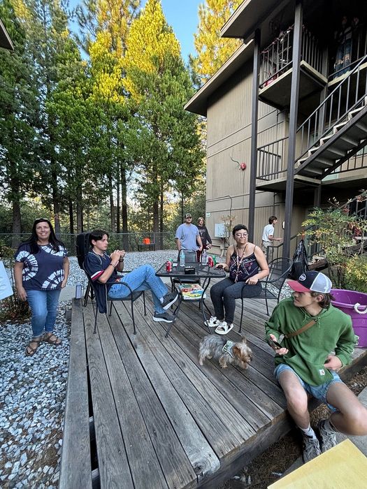 Charming wooden deck surrounded by lush trees with people enjoying a delightful outdoor gathering.